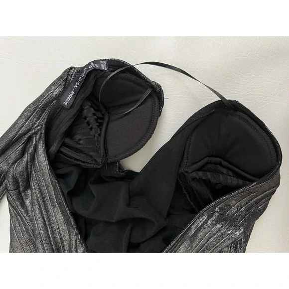 Bershka Long Sleeve Metallic Silver Bodysuit Small Night Out Modern Party - Picture 4 of 7